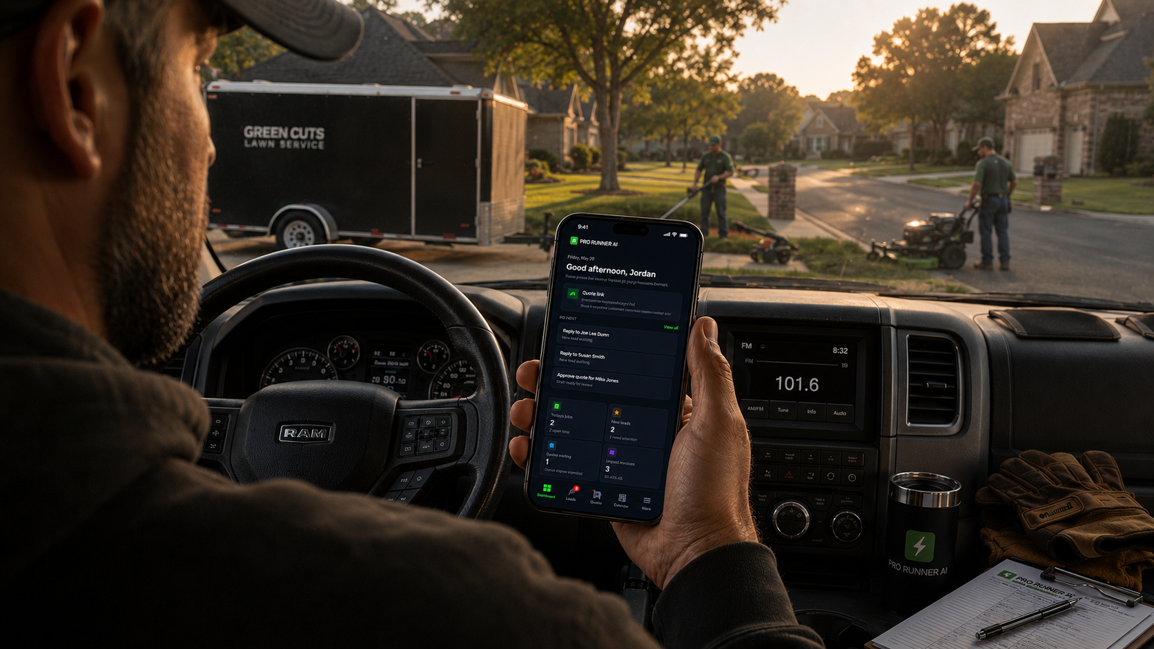 Pro Runner AI app dashboard running in a service truck cab, lawn crew working in background